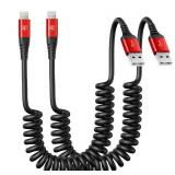 2 Pack Coiled Lightning Cable 3ft, iPhone Charger Cable for Car, [Apple MFi Certified] Lightning Cord Compatible with iPhone 14/13/12/11 Pro Max/XS MAX/XR/XS/X/8/7/Plus/6S iPad/iPod - Red