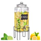2 Gallon Glass Drink Dispenser, Drink Dispensers for Parties, Beverage Dispenser with Stand and Glass Lid, 100% Leakproof Spigot, Ideal for Lemonade, Juice, Iced Tea, Laundry Detergent Dispenser