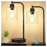 Set of 2 Industrial Touch Control Table Lamps with USB C+A Ports and AC Outlet - 3-Way Dimmable Black Bedside Lamps Nightstand Desk Lamps for Bedroom Living Room, Glass Shade