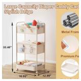Baby Diaper Caddy, Premium Metal& Felt Movable Cart with Dividers for Newborn Nursery Essentials, Large Capacity Rolling Diaper Storage Caddy Organizer for Changing Table &Crib, Easy Assembly- Beige