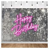 Withu Silver Sequins Pink Neon Happy Birthday Backdrop for Photography Shining Flash Stars Shimmer Wall Decoration Banner Princess Girls Women Bday Party Background 7x5ft