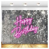 Withu Silver Sequins Pink Neon Happy Birthday Backdrop for Photography Shining Flash Stars Shimmer Wall Decoration Banner Princess Girls Women Bday Party Background 7x5ft