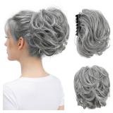 youngways Claw Clip Short Ponytail Messy Bun Hair Piece Bendable Hair Branch Extensions Fluffy Wavy Curly Synthetic Versatile Dark Grey Hairpieces