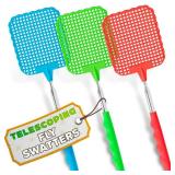3-Pack Telescopic Fly Swatter Set Durable and Lightweight Extendable Fly Swatter for Indoors and Outdoors, 3.1 x 3.9 Flexible Head, Non-Slip Ergonomic Rubber Handle, Compact Design for Easy Storage