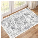 EISUROM Washable 2x3 Entryway mat - Small Indoor Area Rug for Entrance with Vintage Non-Slip Low-Pile Traditional Medallion Indoor Rug with Stain Resistant Accent Distressed Carpet Thin Rug (Grey)