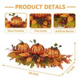 Fall Table Centerpiece with 3 Harvest Pumpkins, Lighted with Timer for Thanksgiving Table Decorations Centerpieces, Autumn Home Decor Battery Operated, 28 Inches