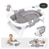 BEBELEH Collapsible Baby Bathtub with Thermometer Bathtub + Baby tub Sling + Newborn Sling Baby Bathtub Newborn to Toddler 0-24 Months The Ultimate Baby Bath Tub! (with Thermometer,Gray)