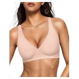 OEAK Womens Deep V Bras Wireless Comfortable Bra Supportive No Underwire Bras Tshirt Push Up Bralettes Plunge Seamless Bra Cool Nude XL