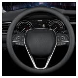LKWLIKEI Nappa Premium Leather car Steering Wheel Cover, Non-Slip, Breathable, Universal 15 inches, Black.