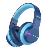 iClever BTH12 Kids Bluetooth Headphones,Colorful LED Lights Kids Headphones Wireless,74/85dBA Safe Volume,85H Playtime,Fast Charging,Bluetooth 5.2,Over Ear,Built-in Mic for iPad/Tablet/Airplane,Blue