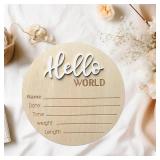 Baby Announcement Sign, 5.9 Inch Wooden Hello World Newborn Signs, Birth Announcement Sign, Baby Shower Hospital Nursery for Newborn Boys and Girls (White)