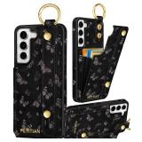 Petitian for Samsung Galaxy S22 Case with Wallet - Women Girls Cute Girly Aesthetic Unique Design Leather Credit Card Holder Cardholder Stand Wristband for S22, Black Butterfly