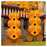 Thyle 2 Pack Fall Pumpkins Yard Signs with Stakes 28 Inch 3 Stacked Pumpkins Rustic Autumn Harvest Outdoor Decorations Large Fall Garden Lawn Patio Signs with Stakes for Thanksgiving Holiday Party