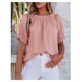EVALESS Spring Tops for Women Trendy 2025 Business Casual Outfits Summer Short Sleeve T Shirts Sexy Off The Shoulder Blouses Work Clothing Pleated Peplum Tunic Tops Womens Pink Shirts, Large