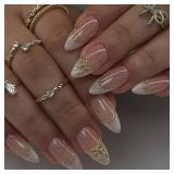 IQXGE French Tip Press on Nails Almond Medium Acrylic Nails Press Ons Full Cover Glue on Fake Nail with Gold Bow Designs Pink French Artificial False Nail Tips for Women and Girls