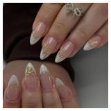 IQXGE French Tip Press on Nails Almond Medium Acrylic Nails Press Ons Full Cover Glue on Fake Nail with Gold Bow Designs Pink French Artificial False Nail Tips for Women and Girls