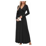 OUGES Womens Long Sleeve Black Dress V-Neck Wrap Waist Fall Formal Maxi Dress Winter Dresses for Women 2025(Black,M)