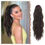 FESHFEN Ponytail Extensions, Long Claw Clip in Ponytail Hairpiece Synthetic Pony Tails Hair Piece Natural Wavy Hairpieces for Women, 20 inch Dark Brown