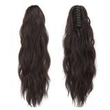 FESHFEN Ponytail Extensions, Long Claw Clip in Ponytail Hairpiece Synthetic Pony Tails Hair Piece Natural Wavy Hairpieces for Women, 20 inch Dark Brown
