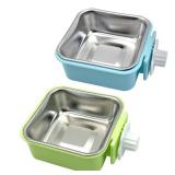 kathson Crate Dog Bowl, Removable Stainless Steel Hanging Pet Kennel Cage Bowl Food & Water Feeder Coop Cup for Puppy, Cat, Rabbit, Guinea Pigs 2pcs Small Square(Blue, Green)
