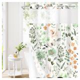 Litabel No Hook Sage Green Watercolor Floral Shower Curtain and Liner Set, Flower Shower Curtains with Snap in Liner for Farmhouse Bathroom Decor, Modern Botanical Bathroom Curtain with Leaves, 72x74