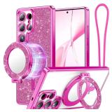 Meifigno Magnetic Case with Removable Phone Ring Stand for Samsung Galaxy S25 Ultra, [Glitter Card & Wrist Strap] [MagSafe Compatible] [Built in Mirror] Phone Ring Stand + Phone Case Kit, Hot Pink