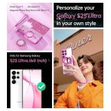 Meifigno Magnetic Case with Removable Phone Ring Stand for Samsung Galaxy S25 Ultra, [Glitter Card & Wrist Strap] [MagSafe Compatible] [Built in Mirror] Phone Ring Stand + Phone Case Kit, Hot Pink