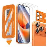 QHOHQ [1-Second Auto-Install] 3 Pack Screen Protector for iPhone 17 Pro Max [6.9 Inch] + 1 Set Camera Lens Protector, 9H+ Shatterproof Tempered Glass, [12FT Military Grade Protection], Case Friendly