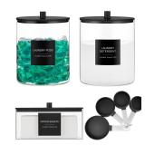 2 Pack Glass Jars and Acrylic Dryer Sheet Holder, Laundry Pods Container with Bamboo Lid and Measuring Cups for Laundry Room Organization, Powder Detergent Containers (Black) 1 Round Container is Miss