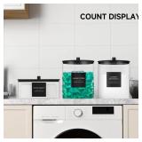 2 Pack Glass Jars and Acrylic Dryer Sheet Holder, Laundry Pods Container with Bamboo Lid and Measuring Cups for Laundry Room Organization, Powder Detergent Containers (Black) 1 Round Container is Miss
