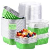 Aoriher 150 Pieces 10 oz Mini Cake Pans with Lids Aluminum Foil Baking Cups Square Disposable 4" x 4" Large Cupcake Cups Baking Tins for Kitchen Brownie Pudding Desserts Holders(Green)