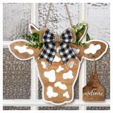 FACTORY SEALED - Cow Head Door Wreath Sign Welcome Front Door Hanger Farmhouse Spring Calf Front Porch Decor Cow Gifts Buffalo Plaid Bow Artificial Leaves Welcome Home Decorations for Restaurant Wall,
