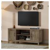 Farmhouse TV Stand, Wood Grooved Door Entertainment Center with Storage Cabinets and Open Shelves, Rustic Media Console up to 55 inches for Living Room, Bedroom, Grey Wash.  Damage Found. SEE Last 3 P