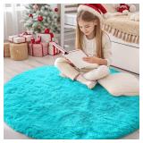 Teal Blue Round Rugs for Bedroom - Machine Washable, 4 ft Circle Area Rugs for Living Room, Soft and Fluffy Shaggy Carpet for Teen Girls and Boys, Nursery Rooms, Dorms, Home Decor Aesthetic - Retail: 