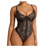 Lace Bodysuit for Women Tummy Control Shapewear Backless Body Suits Thongs with 3 Hook Eyes Black Large - Retail: $43