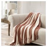 Striped Chenille Knit Rusty Brown Throw Blanket for Couch, Textured Woven Boho Knitted Blanket for Bed, Super Soft Cozy Shabby Chic Knit Throw with Tassels for Farmhouse Home Decor, 60âx80â 