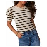 Short Sleeve Sweater for Women 2025 Trendy Crewneck Tops Casual Black Striped Blouse Puff Sleeve Fall Clothing Color Block Knitted Shirts Casual Business Outfits for Outgoing Large - Retail: $20