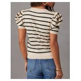 Short Sleeve Sweater for Women 2025 Trendy Crewneck Tops Casual Black Striped Blouse Puff Sleeve Fall Clothing Color Block Knitted Shirts Casual Business Outfits for Outgoing Large - Retail: $20