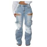 Sexy Baggy Sparkly Jeans for Women Cutout Pearl Bedazzled Stretch Cargo Denim Pants with Multi Pockets, LARGE. - Retail: $45