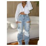 Sexy Baggy Sparkly Jeans for Women Cutout Pearl Bedazzled Stretch Cargo Denim Pants with Multi Pockets, LARGE. - Retail: $45