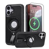 iPhone 16 Case Leather | iPhone 16 Leather Case with Stand | Compatible with MagSafe with Magnetic Ring Grip Holder (Black, IP 16-6.1inch) - Retail: $27