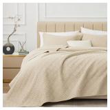 EXQ Home Quilt Set King Size Beige 3 Piece, Lightweight Soft Coverlet Modern Style Squares Pattern Bedspread Set for All Season(1 Quilt,2 Pillow Shams) - Retail: $41