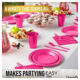 350 Pcs Cerise Plastic Plates For Party, Cerise Disposable Plates Set, 50 Of Each 9 Dinner Plate Set, 7" Dessert Plate, Cups, Napkins & Cutlery Plastic Dinnerware Exquisite - Retail: $43"