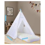 Teepee Tent for Kids with Inflatable Airbed, String Lights, Balloons, Pump, Washable Slumber Party Tent Indoor Outdoor for Girls Boys, Children Tipi Playhouse for Playtime and Sleepover - Retail: $66