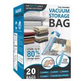 20 Pack Vacuum Storage Bags, Space Saver Bags (4 Jumbo/4 Large/4 Medium/4 Small/4 Roll) Compression for Comforters and Blankets, Sealer Clothes Storage, Hand Pump Included - Retail: $36