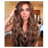 Brown Mixed Blonde Wig Long Blonde Highlight Wavy Wigs for Women Heat Resistant Synthetic Hair Replacement Wigs.
