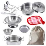 Kids Pretend Play Kitchen Toys, Cooking Toys Set Play Kitchen Accessories with Stainless Steel Pots and Pans Set, Pretend Play Food Cooking Utensils Cookware for Girls Boys.Tiny-11Pcs. SEVERAL HAVE SC