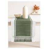 Table Runner - Wide with Dobby Stripe, Heavy Ribbed Weave & Double Knot Fringes, 14x54 Inch (14x59.5 with Fringes) Farmhouse Decor Christmas Holiday Winter - Artichoke Green and H.White - Retail: $20