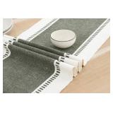 Table Runner - Wide with Dobby Stripe, Heavy Ribbed Weave & Double Knot Fringes, 14x54 Inch (14x59.5 with Fringes) Farmhouse Decor Christmas Holiday Winter - Artichoke Green and H.White - Retail: $20