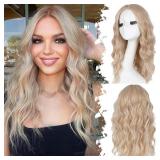 Honey Blonde Mix Platinum Blonde Short Wavy Wig for Women Lace Hairline Bob Style Synthetic Heat Resistant - Natural Appearance for Everyday Hairstyle 18 Inch - Retail: $36